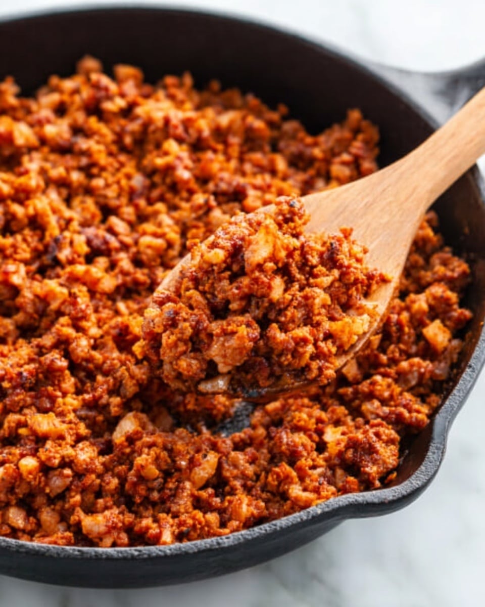 A close-up image of a black cast iron skillet filled with cooked ground meat seasoned with spices, showing a rich reddish-brown color with some darker crispy bits. A wooden spoon is scooping a portion of the meat from the pan, held above the surface, with the texture appearing slightly crumbly and moist. The background is a white marbled texture, highlighting the warm tones of the meat. photo taken with an iphone --ar 4:5 --v 7