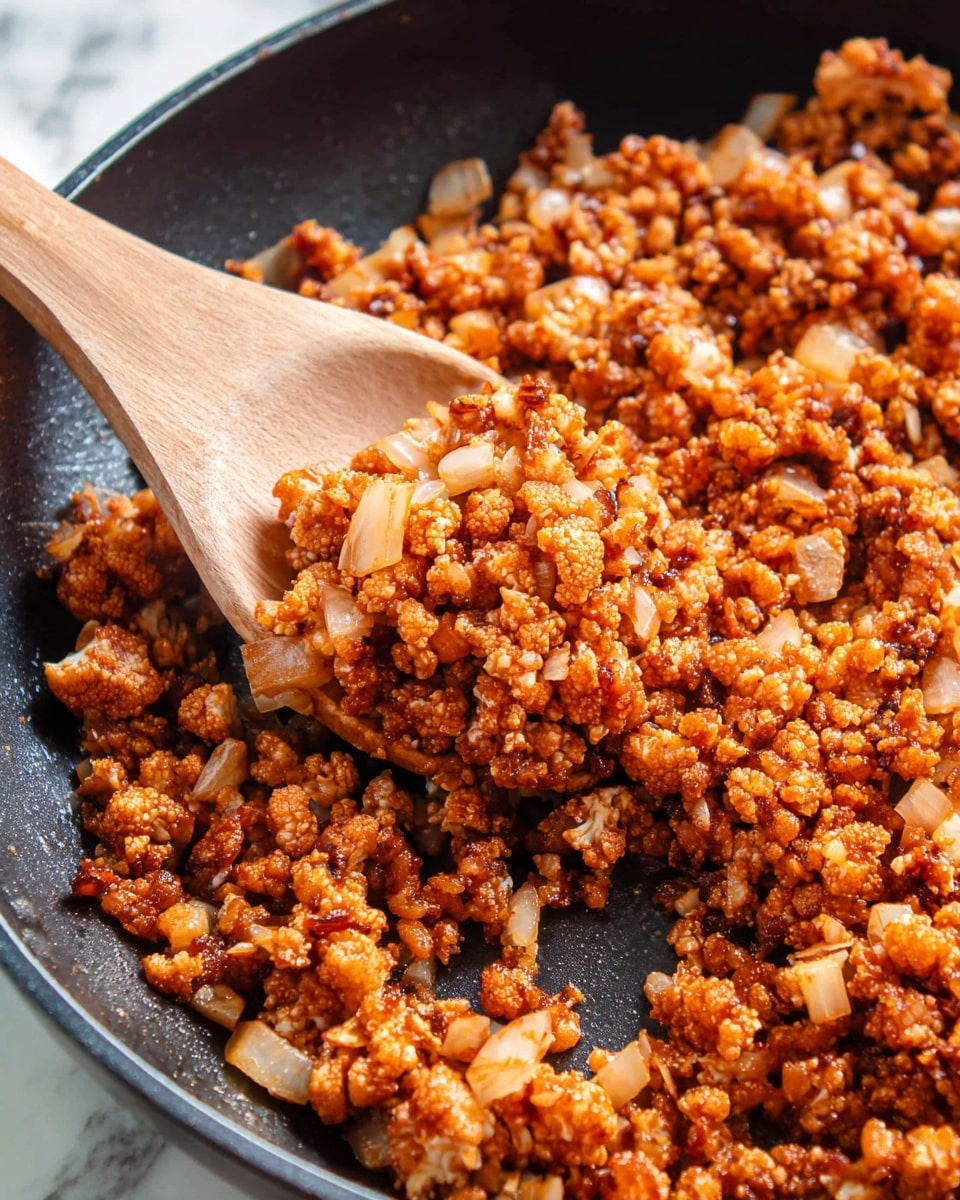 The image shows a close-up view of a dark skillet filled with cooked, finely chopped reddish-brown cauliflower that has a crumbly texture, mixed with small pieces of translucent cooked onion. A wooden spoon is scooping some of the cauliflower mixture, highlighting its coarse and slightly oily surface. The skillet sits on a surface with a white marbled texture. Photo taken with an iphone --ar 4:5 --v 7