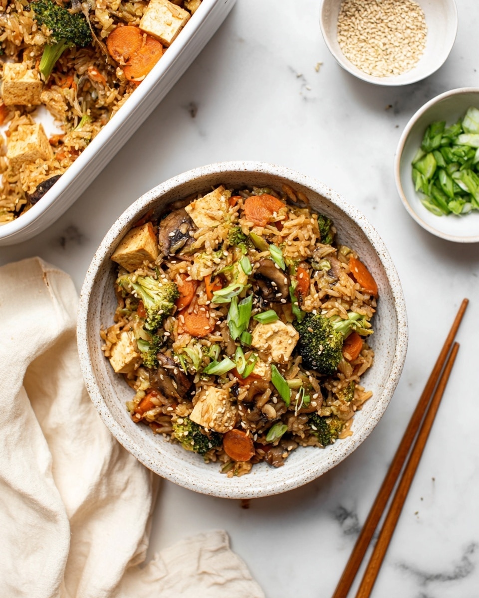 A white speckled bowl filled with three layers of fried rice mixed with diced tofu, sliced orange carrots, green broccoli florets, and sliced mushrooms. The rice has a light brown color with a moist texture, topped with light beige sesame seeds and chopped green onions scattered on top. To the side are two small white bowls, one with chopped green onions and the other with more sesame seeds. A pair of brown wooden chopsticks rests on the white marbled surface next to the bowl, with a cream-colored cloth partially under the bowl, and a white baking dish with more fried rice featuring the same ingredients is partially visible in the top left corner. photo taken with an iphone --ar 4:5 --v 7