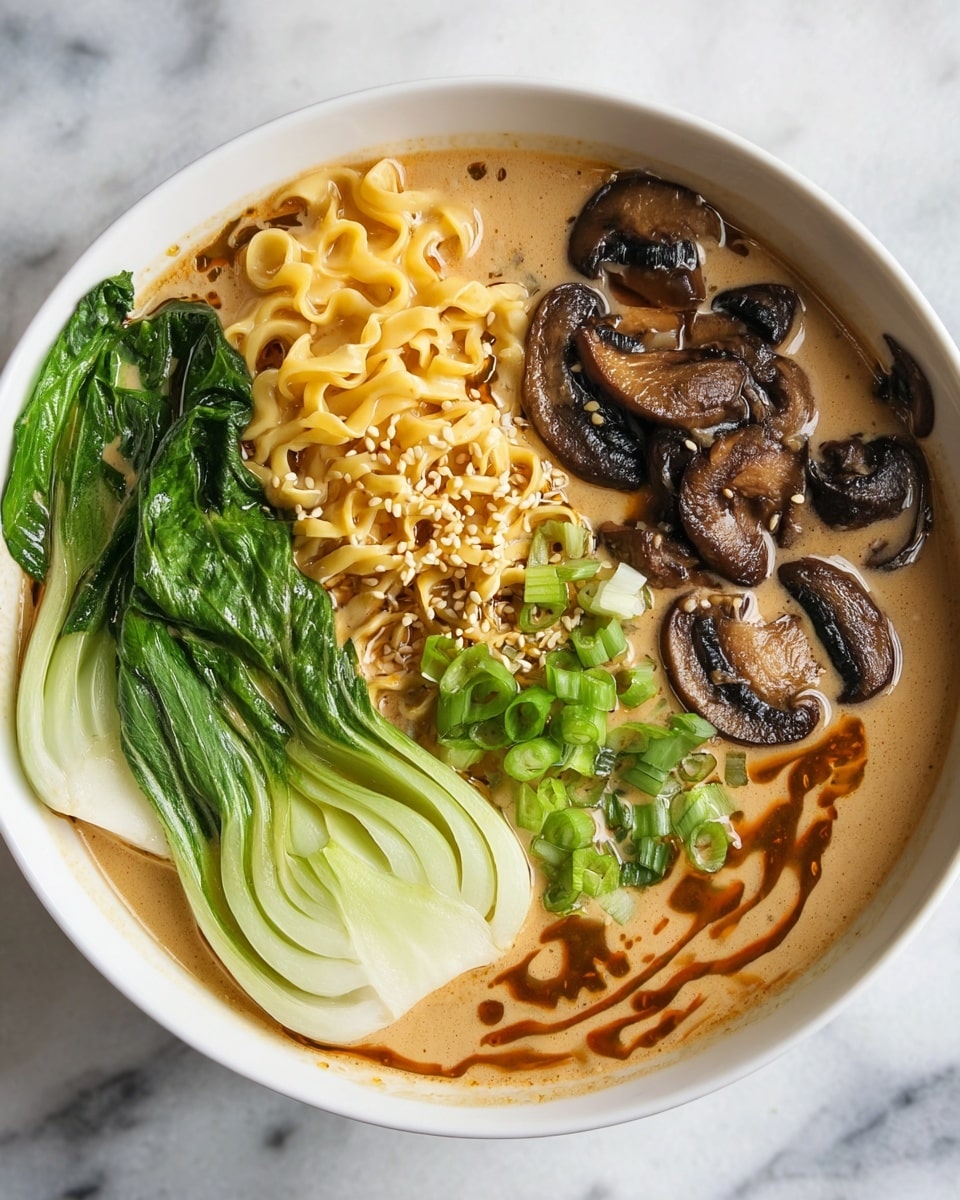 A white bowl filled with rich, creamy broth that has a light tan color with swirls of a darker sauce on top. Inside, there are wavy yellow noodles on one side with toasted sesame seeds sprinkled over them. Next to the noodles are several sliced brown mushrooms showing their dark gills. On the opposite side, two large green leaves of bok choy rest with smooth, shiny textures and white stalks. Chopped green onions are placed near the noodles, adding fresh green hints. The bowl is set on a white marbled surface. Photo taken with an iphone --ar 4:5 --v 7