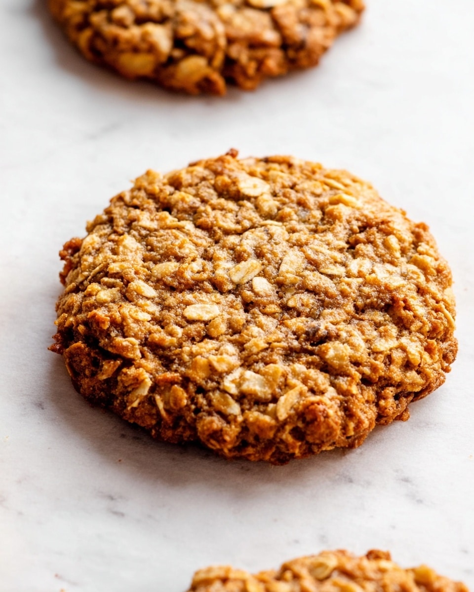 The image shows a close-up of a single round oatmeal cookie with a rough texture, filled with visible oat flakes and small dark specks, placed on a white marbled surface. The cookie has a golden brown color with a slightly uneven, craggy top and edges, and looks thick and chewy. Another cookie is partially visible in the background, out of focus. Photo taken with an iphone --ar 4:5 --v 7