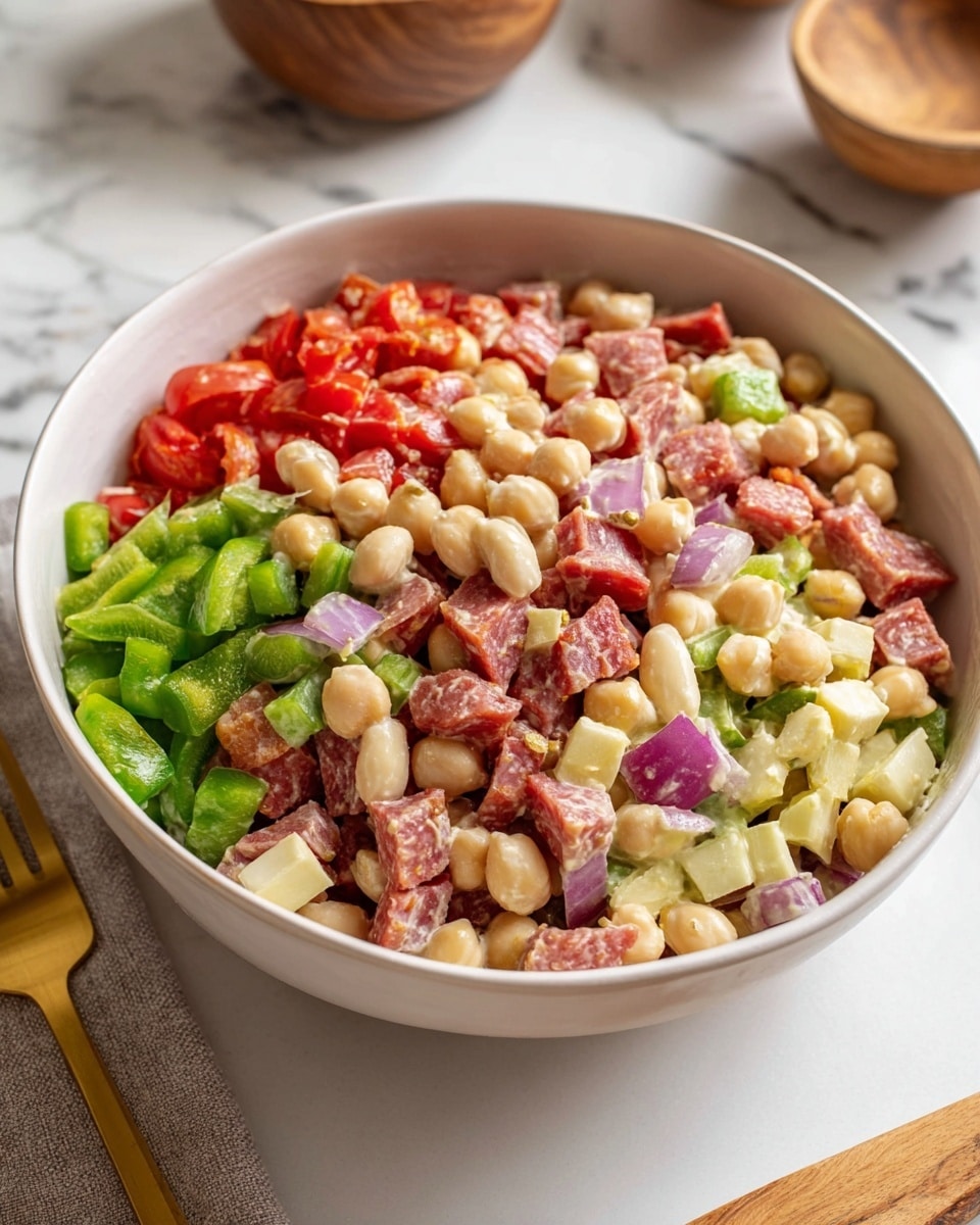 A bowl filled with a colorful salad shows several layers and textures: a mix of light beige chickpeas and white beans forms the base, mixed with small chunks of reddish-pink salami, bright green bell peppers, and pieces of pale yellow cheese. There are also bright red tomato pieces and bits of light purple onion scattered evenly throughout. The salad looks creamy with a slight shine from dressing. The bowl is white and placed on a white marbled surface, with a gold fork and a yellow-striped cloth nearby. In the background, a wooden bowl filled with more salad is partially visible. Photo taken with an iphone --ar 4:5 --v 7