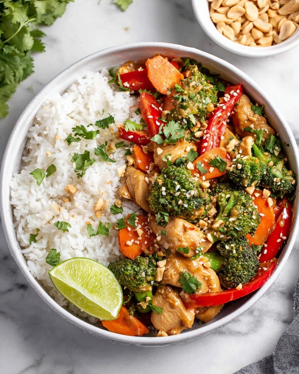 A white bowl filled half with white fluffy rice on the left side, and on the right side a colorful chicken stir-fry with light brown sauce, bright green broccoli florets, bright orange carrot sticks, and slices of red bell pepper. There are a few chopped peanuts and sesame seeds sprinkled on top, with fresh green cilantro leaves scattered over. A green lime wedge rests on the edge of the stir-fry section. The bowl sits on a white marbled surface with a small white bowl of peanuts nearby. Photo taken with an iphone --ar 4:5 --v 7