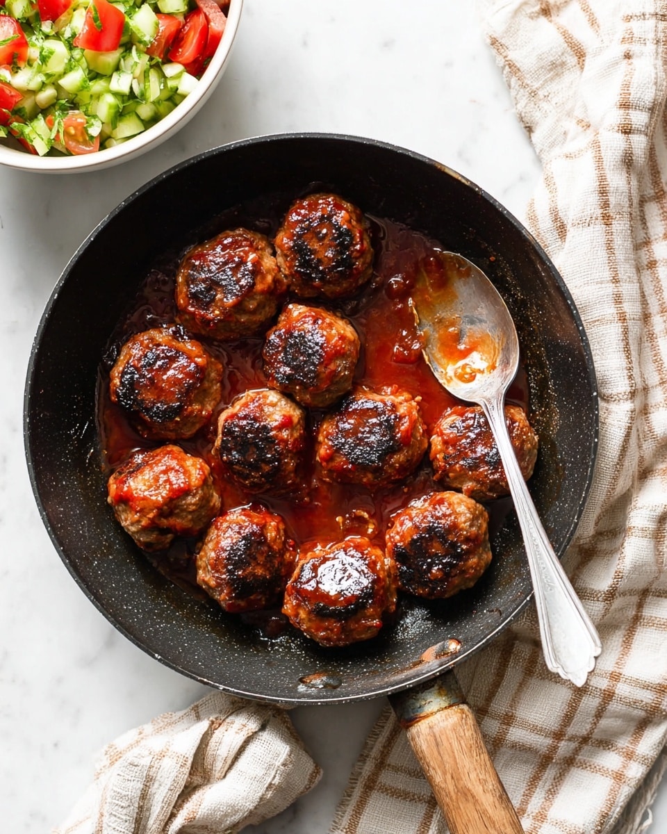 A black skillet holds ten browned meatballs covered with a shiny red sauce, arranged closely together with some charring on top, and a large silver spoon rests inside the pan at the top right. The pan sits on a white marbled surface with a beige and white checkered cloth draped nearby on the bottom right. In the top left corner, part of a white bowl filled with a fresh salad of chopped cucumbers and tomatoes is visible. Photo taken with an iphone --ar 4:5 --v 7