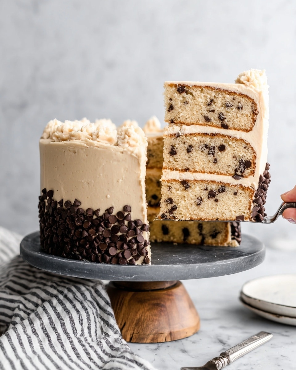A three-layer cake is shown with light brown sponge filled and covered with creamy beige frosting. The sponge layers have small dark chocolate chips spread inside. Between each sponge layer is a thin layer of the same beige frosting. The cake’s side is decorated with a thick band of dark chocolate chips around the bottom. The cake sits on a dark gray cake stand with a wooden base against a white marbled texture background. A woman’s hand is holding a cake slice server lifting a slice from the cake. A white and black striped cloth and a spoon are in the foreground. Photo taken with an iphone --ar 4:5 --v 7