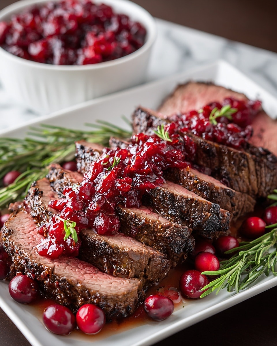 The dish shows five thick slices of medium-rare roasted beef with a dark, crispy crust on the outside and a juicy pink center, neatly arranged in a white square plate. On top of each slice, there is a vibrant red cranberry sauce with visible chunks and glossy texture, garnished with small green herb leaves. Fresh whole cranberries scatter around the base of the beef, and sprigs of green rosemary frame the edges of the plate. In the background, there is a white bowl filled with more cranberry sauce, all set on a white marbled texture surface. photo taken with an iphone --ar 4:5 --v 7
