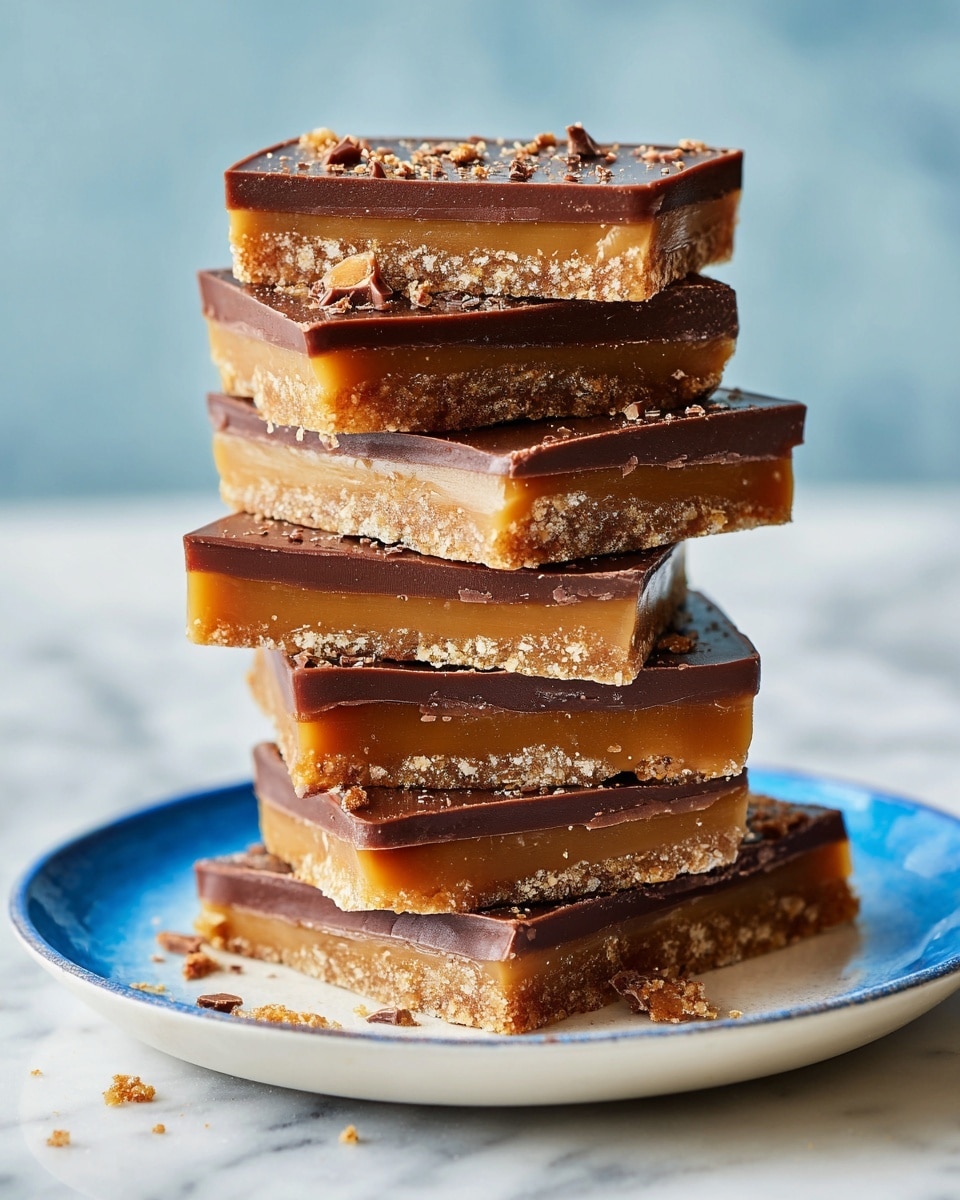 A stack of seven rectangular pieces of chocolate toffee candy sits on a white plate with a blue inner surface, placed on a white marbled background. Each piece has three layers: a rough, light brown toffee base at the bottom, a thin, slightly golden caramel layer in the middle, and a smooth, dark brown chocolate layer on top with a slight shine and small cracks. Some crumbs are scattered around the plate and on the background, adding texture to the scene. Photo taken with an iphone --ar 4:5 --v 7