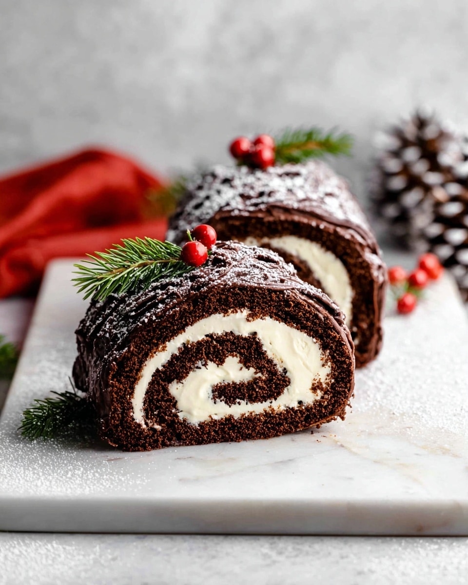 A chocolate roll cake is shown with one slice cut and placed in front of the main piece. The cake has a dark brown, moist texture with a shiny chocolate coating on the outside dusted with powdered sugar. Inside, there are two visible cream layers, one thin dark brown layer close to the outside and a thick white creamy layer spiraled in the middle. The cake rests on a white plate with a white marbled texture underneath. A gold fork lies to the right on the plate, and small green pine branches are placed as decoration around the cake. Photo taken with an iphone --ar 4:5 --v 7