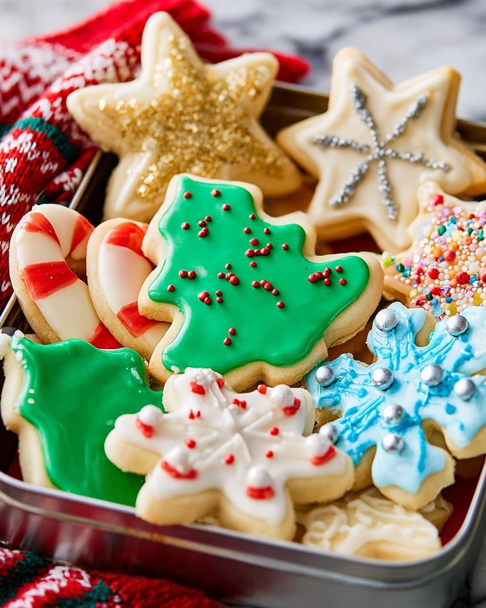 A tin is filled with various Christmas sugar cookies, each with one to two layers of smooth icing in vibrant colors and detailed sprinkles or small balls of sugar. In front, there is a tree-shaped cookie with a thick green icing layer adorned with small red and white sprinkle dots. Behind it, a star-shaped cookie has a white icing base with golden sugar crystals covering its surface. To the right, a snowflake-shaped cookie is decorated with sky-blue icing and small silver beads placed at the tips and along the edges. Other cookies, like candy canes and holly leaves, feature red, white, and green icing with clean, glossy textures. The background shows a red and white knitted fabric with holiday patterns resting on a white marbled surface. photo taken with an iphone --ar 4:5 --v 7
