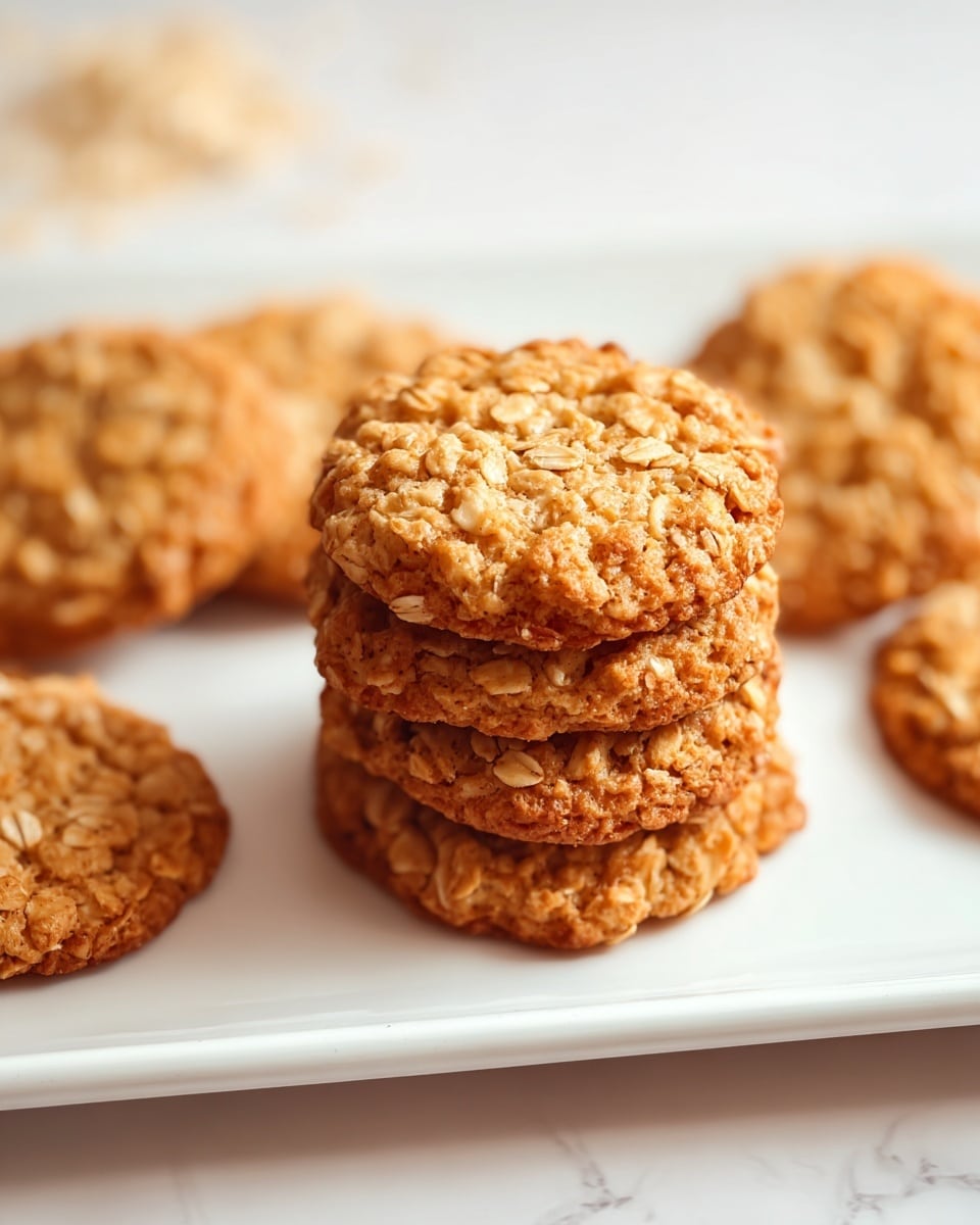 The image shows a stack of four golden-brown oatmeal cookies placed in the center on a white rectangular plate with a smooth texture. The top cookie displays a rough surface filled with visible oat flakes, giving it a crunchy look. Around the stack, several more cookies are scattered on the plate, each showing the same oatmeal texture and warm brown color. The plate sits on a white marbled surface, enhancing the warm tones of the cookies. The photo is taken closely, emphasizing the details and texture of the cookies, with soft lighting that highlights the oats’ uneven surface. photo taken with an iphone --ar 4:5 --v 7