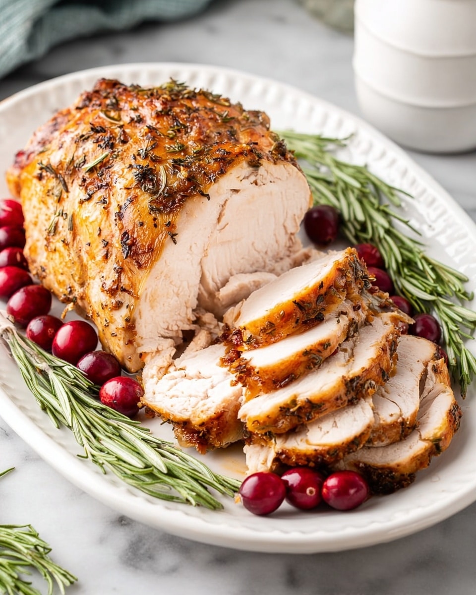 A white plate holds a meal with three main parts: on the left, a bunch of bright green cooked green beans arranged neatly; next to the beans, two fresh red cranberries and a small sprig of rosemary add color and freshness; the right side of the plate shows two thick slices of roasted turkey breast topped with light brown gravy, the meat appearing moist with a slightly golden edge; behind the turkey slices, a scoop of creamy mashed potatoes with a smooth texture and a small pool of golden gravy on top completes the dish, all set on a white marbled surface with a striped cloth nearby. photo taken with an iphone --ar 4:5 --v 7