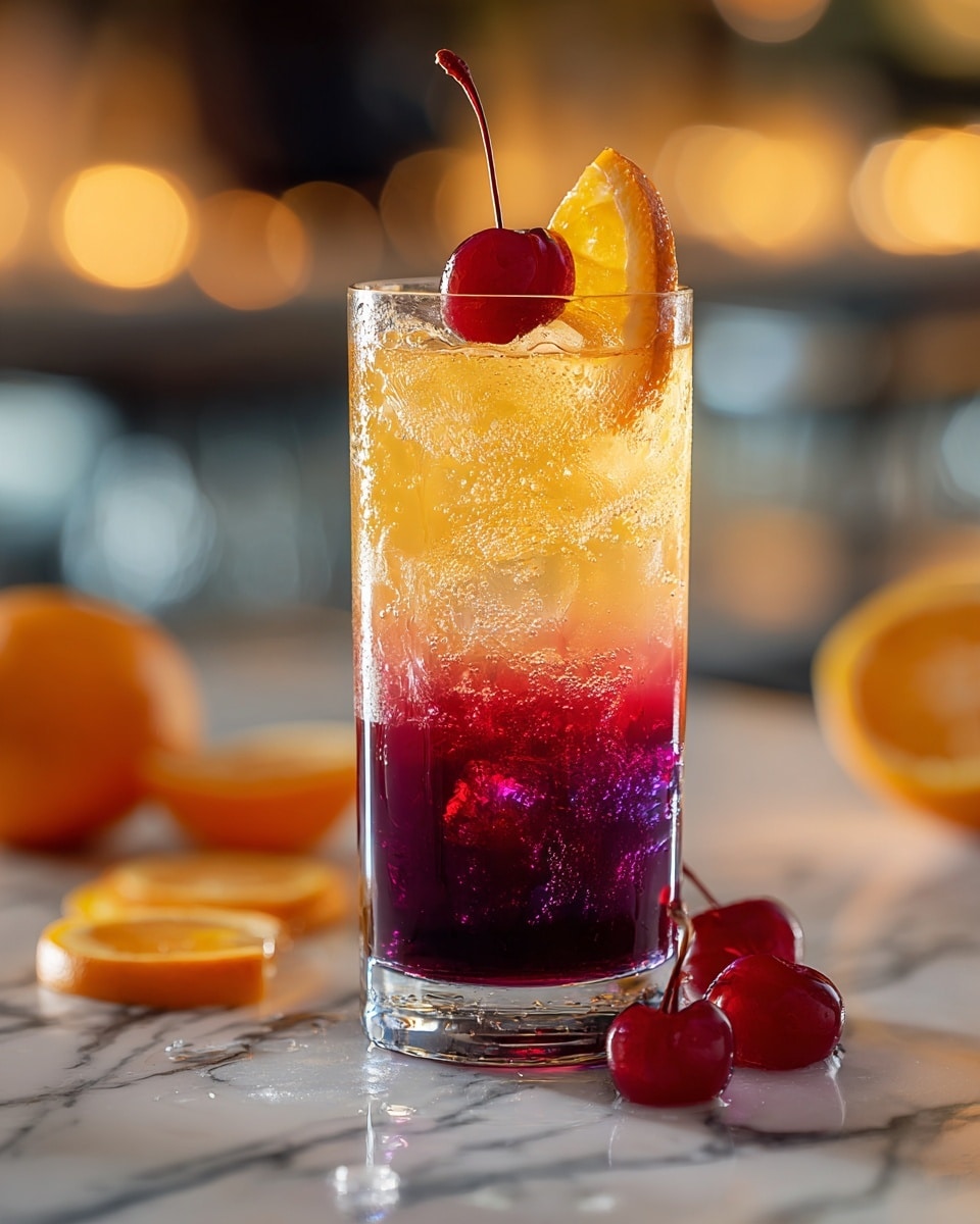 A clear glass with a textured base holds a layered drink on a white marbled surface. The bottom layer is deep red with visible small bubbles and crushed ice, above which a thick bright orange layer transitions smoothly into a light amber shade near the top. Large ice cubes float on the top, adding translucency. The drink is garnished with a round red cherry, its stem visible, resting slightly inside the glass, and a bright orange slice is placed on the rim behind the cherry. The background is softly lit with warm golden bokeh lights. Photo taken with an iphone --ar 4:5 --v 7