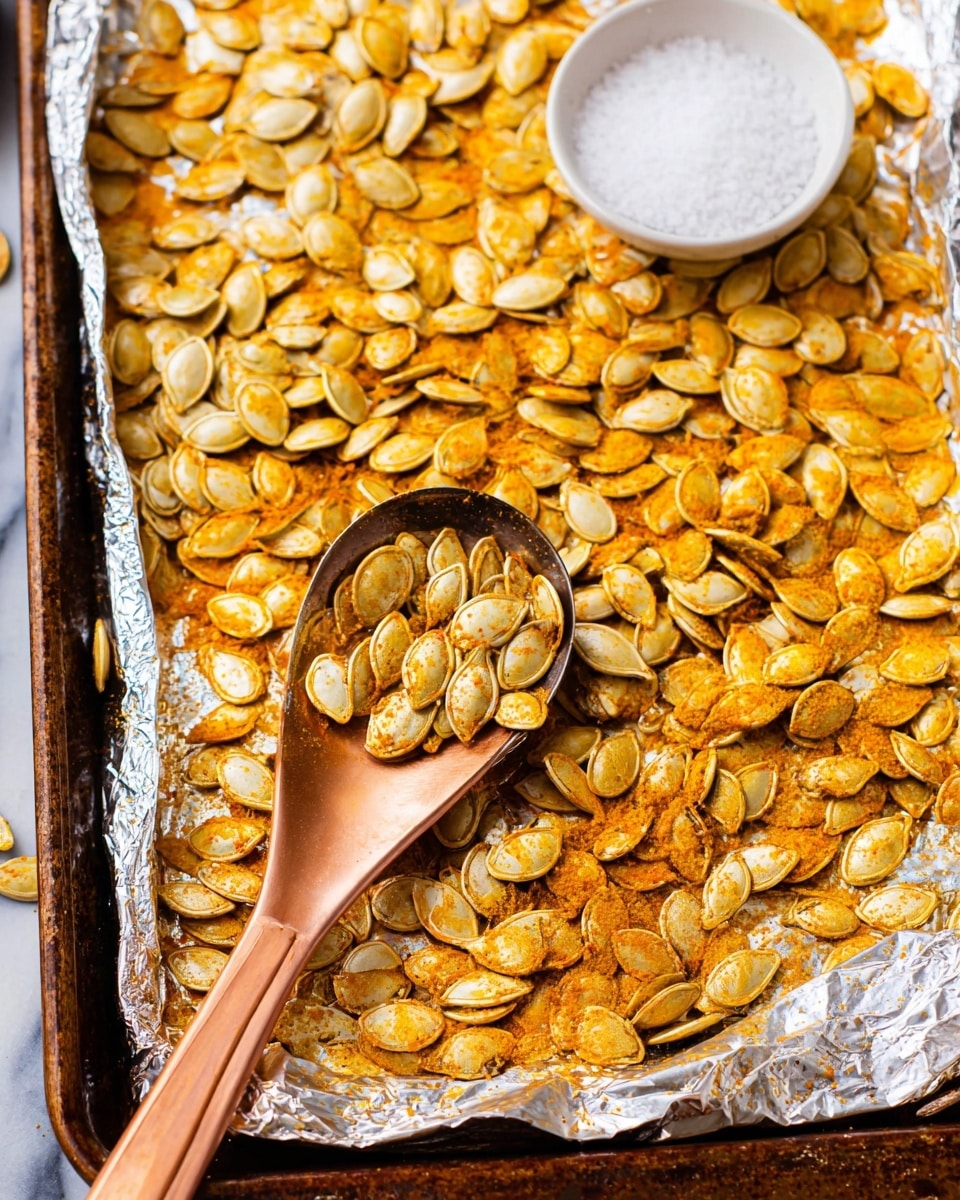 A close-up image of roasted pumpkin seeds piled in a heap on a baking tray lined with shiny aluminum foil. The seeds are golden yellow with some white shells visible, lightly coated with spices giving them a slightly orange tint. A wooden spoon is partially visible beside the pile, resting on the tray. The background is softly blurred with warm autumn colors. The focus is sharp on the seeds in the center, showing their rough textured surface and toasted edges. The scene is set on a white marbled texture. photo taken with an iphone --ar 4:5 --v 7