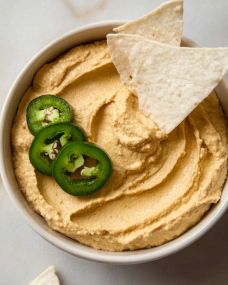 The image shows a bowl of smooth beige hummus with a creamy texture, topped with a single white papadum chip placed upright on one side and two thin green jalapeño slices resting on the opposite edge. The bowl is white, and the background is a white marbled surface. The hummus has gentle swirls indicating its softness, and the colors contrast nicely with the chip and jalapeños. Photo taken with an iphone --ar 4:5 --v 7