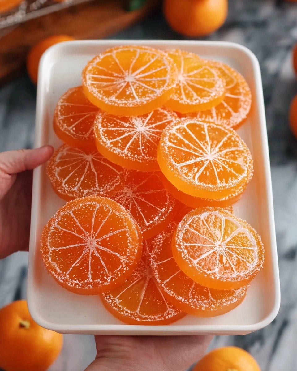 A white rectangular tray filled with round orange jelly slices that look like small orange fruits. Each jelly slice has a shiny, slightly translucent orange color with white lines and dots on top, mimicking the segmented pattern of an orange. The slices are stacked in layers, some overlapping each other, showing the smooth texture of the jelly. A woman's hand is holding the tray from the top right corner, and the background below the tray has a white marbled texture with some real oranges at the bottom part of the image. Photo taken with an iphone --ar 4:5 --v 7