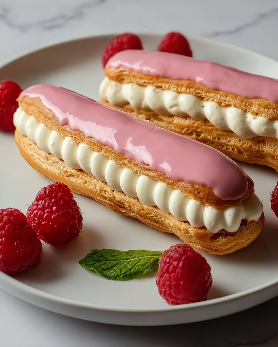 Two éclairs are placed on a white plate with a smooth texture. Each éclair has three layers: the bottom layer is a golden brown choux pastry with a slightly rough texture, the middle layer is thick white cream piped in neat rows, and the top layer is a shiny, smooth pink glaze covering the pastry. Around the éclairs, there are fresh, red raspberries and a small green mint leaf adding color contrast. The plate sits on a white marbled surface. Photo taken with an iphone --ar 4:5 --v 7