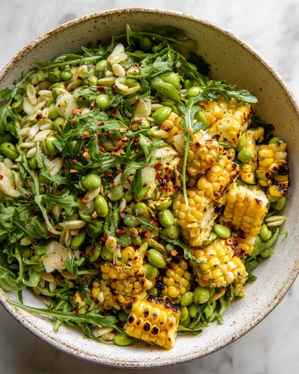 A close-up view of a bowl filled with a fresh salad, showing three main layers: the base layer of bright yellow grilled corn pieces with char marks, the middle layer of small pale orzo pasta mixed with green edamame beans, and the top layer of fresh, dark green arugula leaves scattered throughout. Thin, pale slices of a cheese-like ingredient add texture, while small red chili flakes are sprinkled across the salad, adding a light reddish contrast. The bowl is white with a rustic, speckled rim, placed on a white marbled surface. photo taken with an iphone --ar 4:5 --v 7