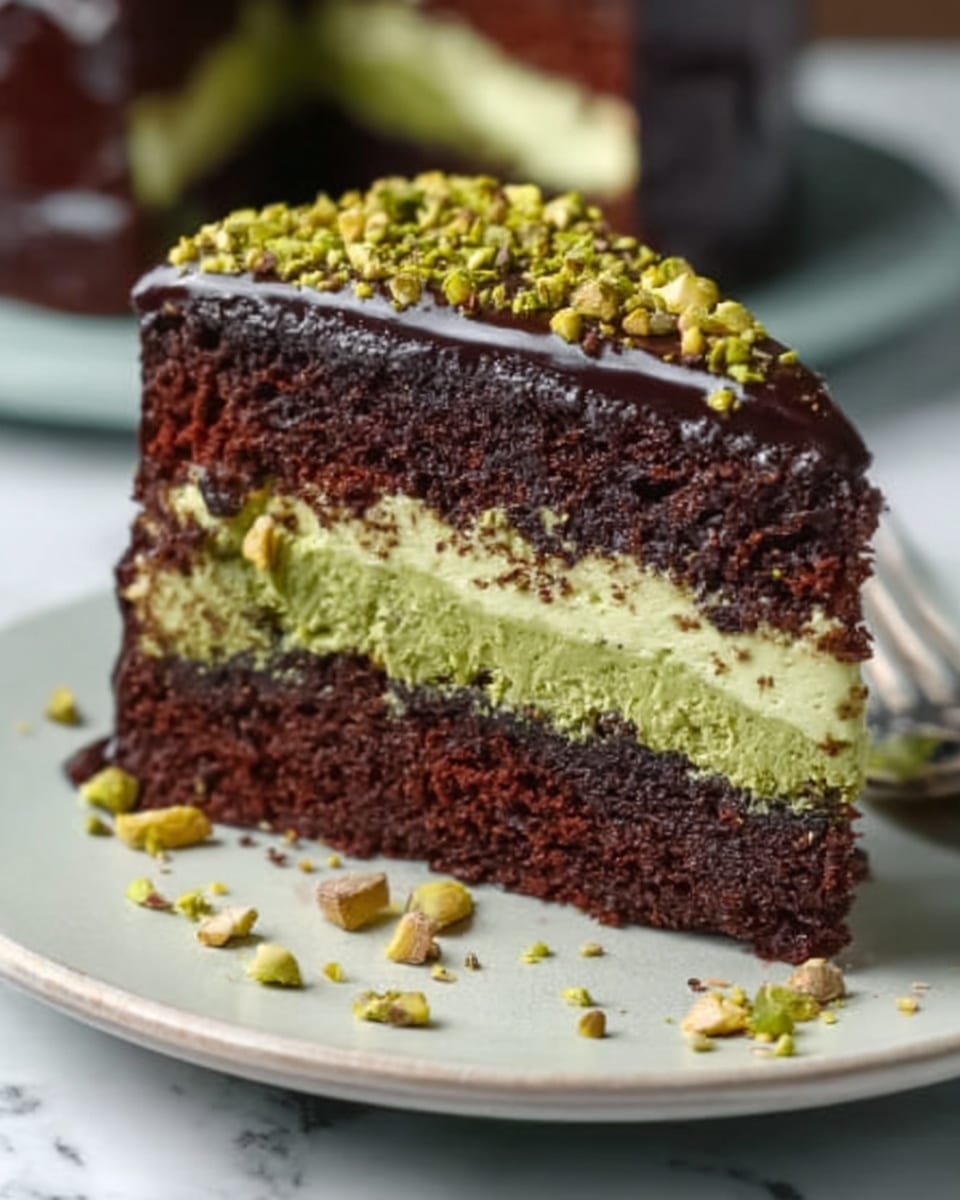 The image shows a close-up of a slice of cake placed on a white plate on a white marbled surface. The cake has three layers: the bottom and top layers are dark brown, moist chocolate cake with a slightly rough texture. The middle layer is a thick, green pistachio cream with a smooth texture. The top of the cake is covered with a glossy dark chocolate glaze, sprinkled with crushed green pistachios. Small crumbs and pistachio pieces are scattered around the plate. In the soft background, part of another cake slice is visible. Photo taken with an iphone --ar 4:5 --v 7