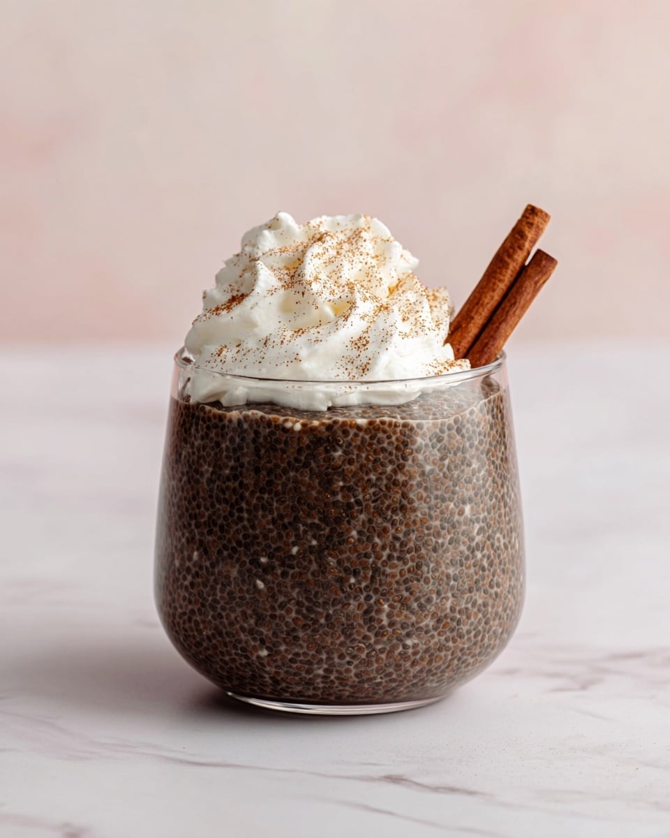 Two clear glass cups are filled with dark brown chia pudding that has many small chia seeds visible throughout. Each cup has a layer of white whipped cream on top, lightly sprinkled with cinnamon powder. Two brown cinnamon sticks stand upright, leaning against the whipped cream in each cup. The cups sit side by side on a slightly worn white wooden board, placed on a white marbled surface. In the background, there are soft, out-of-focus dried flowers adding a warm, cozy feel. photo taken with an iphone --ar 4:5 --v 7