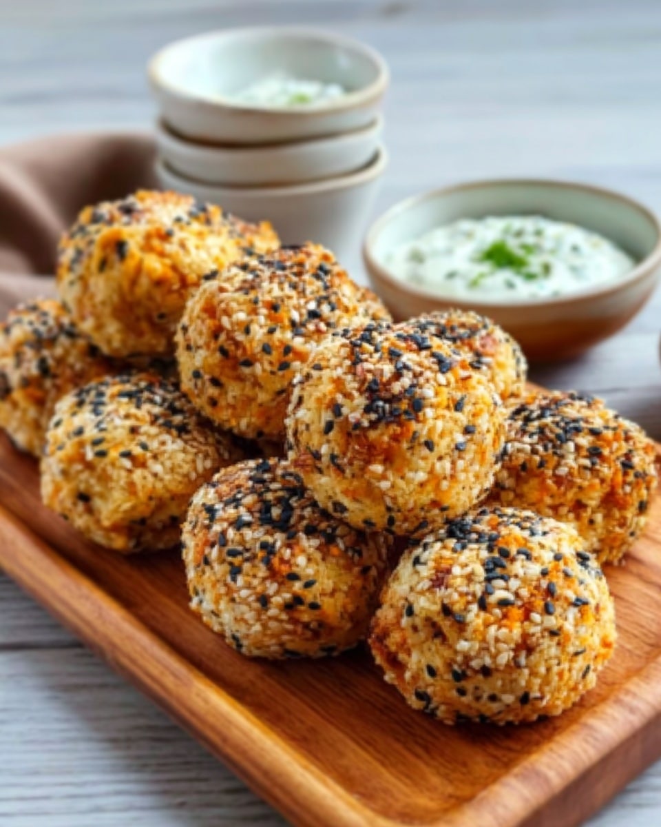 The image shows a wooden board holding nine golden-brown baked balls covered with black and white sesame seeds, arranged tightly in two rows with one extra ball resting near the edge. Each ball has a slightly rough texture with small bits of visible orange and light brown inside, suggesting a mix of ingredients baked together. In the background, there are white bowls stacked slightly out of focus, sitting on a white marbled surface, with a creamy white dip garnished with green herbs next to the bowls. The photo taken with an iphone --ar 4:5 --v 7