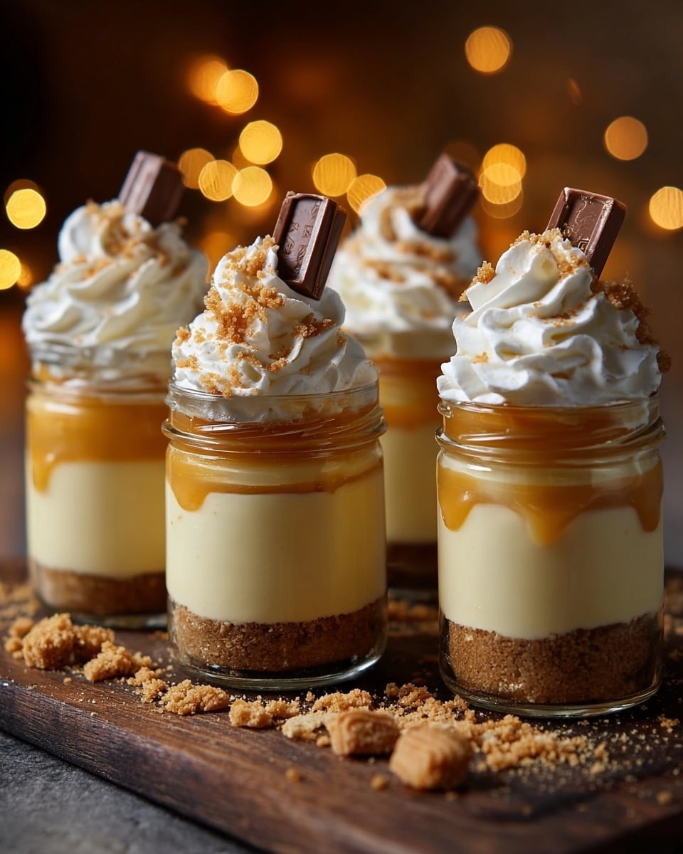 The image shows four small clear glass jars filled with a layered dessert placed on a white marbled surface. Each jar has three distinct layers: the bottom layer is a crumbly brown crust, the middle layer is a smooth creamy white filling, and the top layer is a thick, glossy orange-colored topping. On top of the orange layer is a swirl of white whipped cream dusted with light brown powder, and one jar has a cinnamon stick resting against the whipped cream. The background is softly blurred with warm lighting, giving a cozy feeling. Photo taken with an iphone --ar 4:5 --v 7