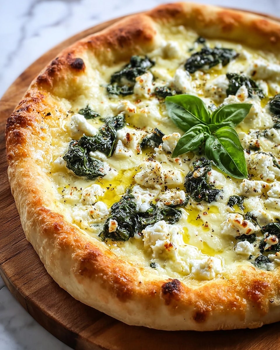 A fresh pizza with a thick, golden-browned crust forms the base, slightly puffed and textured with some darker toasted spots. On top, there is a smooth layer of melted cheese that looks creamy and light yellow, covering the pizza evenly. Scattered across this are dark green, leafy spinach patches that add a fresh, textured contrast. White, crumbly cheese pieces are spread irregularly over the spinach, some bubbling slightly from the heat. The pizza is finished with a drizzle of golden olive oil and a sprinkle of black pepper, with a single bright green basil leaf in the center adding a fresh touch. The pizza is placed on a wooden board, and the background is a white marbled surface. photo taken with an iphone --ar 4:5 --v 7