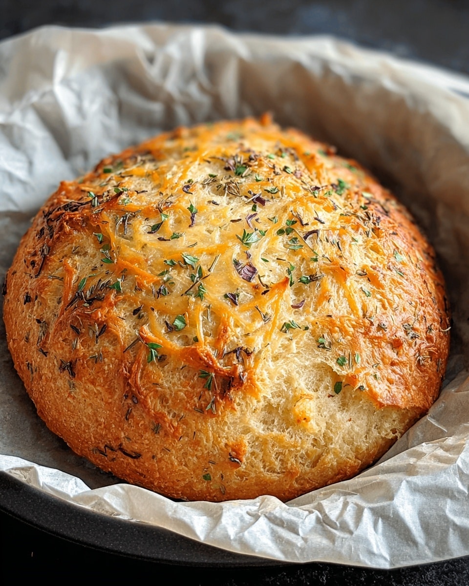 A golden-brown round loaf of bread sits in a white parchment-lined container, with a crust that is crispy and slightly cracked on top. The surface is sprinkled with small green herbs and tiny seeds, adding texture and color contrast to the warm, baked dough. The edges are darker, showing a nicely browned finish. The background is a white marbled texture that adds a clean, bright feeling to the image. photo taken with an iphone --ar 4:5 --v 7