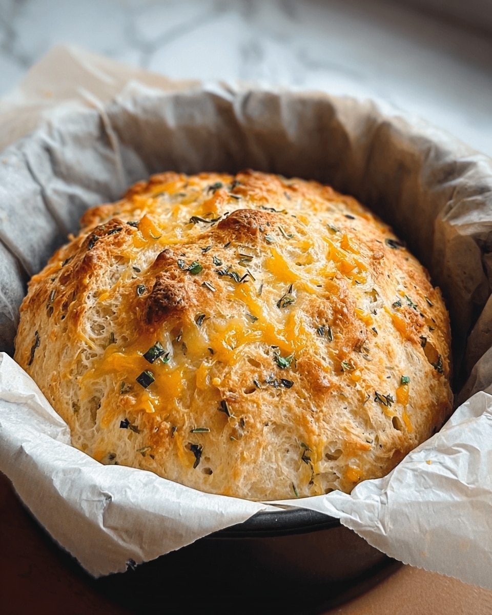 A round, golden-brown bread sits in a bowl lined with white parchment paper. The bread has a rough, textured crust with visible cracks and embedded bits of melted yellow cheese and small green herb leaves scattered on top. The bowl holding the bread is white, contrasting softly against the white marbled surface beneath it. The overall look is warm and fresh, showcasing the bread's fluffy interior peeking through the crust. photo taken with an iphone --ar 4:5 --v 7