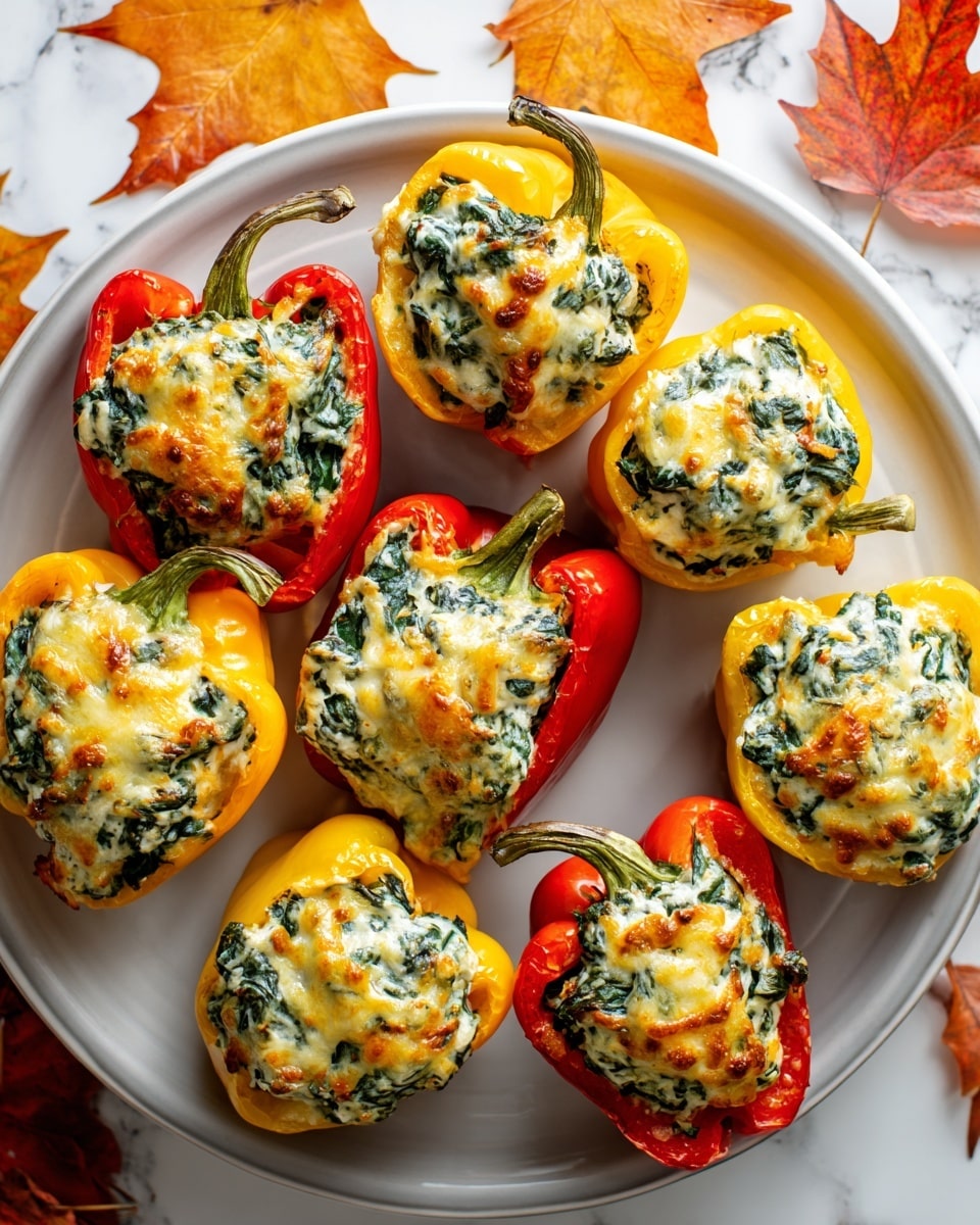 The image shows eight stuffed bell pepper halves arranged on a white plate with a white marbled surface underneath, scattered with autumn-colored leaves. Four peppers are yellow and four are red, each filled with a creamy mixture topped with cooked spinach and melted golden cheese that has a slightly browned, bubbly texture. The filling is heaped inside the hollowed-out pepper halves, creating a three-layer look: the colorful pepper shell at the bottom, the creamy spinach mixture in the middle, and the melted cheese on top. The peppers are positioned in a loose circular pattern, making a visually warm and tasty presentation. Photo taken with an iphone --ar 4:5 --v 7