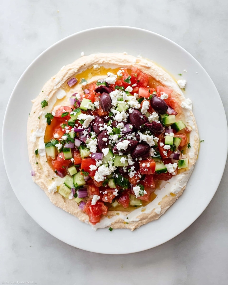 A white plate on a white marbled surface holds a dish with three visible layers. The bottom layer is creamy and off-white with a smooth texture, possibly hummus spread thinly. On top of that lies a layer of finely chopped bright red tomatoes and small green cucumber cubes, adding fresh and crisp colors. Scattered over the vegetables are small pieces of purple-black olives and crumbled white cheese, creating a contrast in texture and color on the top. The dish looks fresh and colorful, with no other objects nearby. Photo taken with an iphone --ar 4:5 --v 7