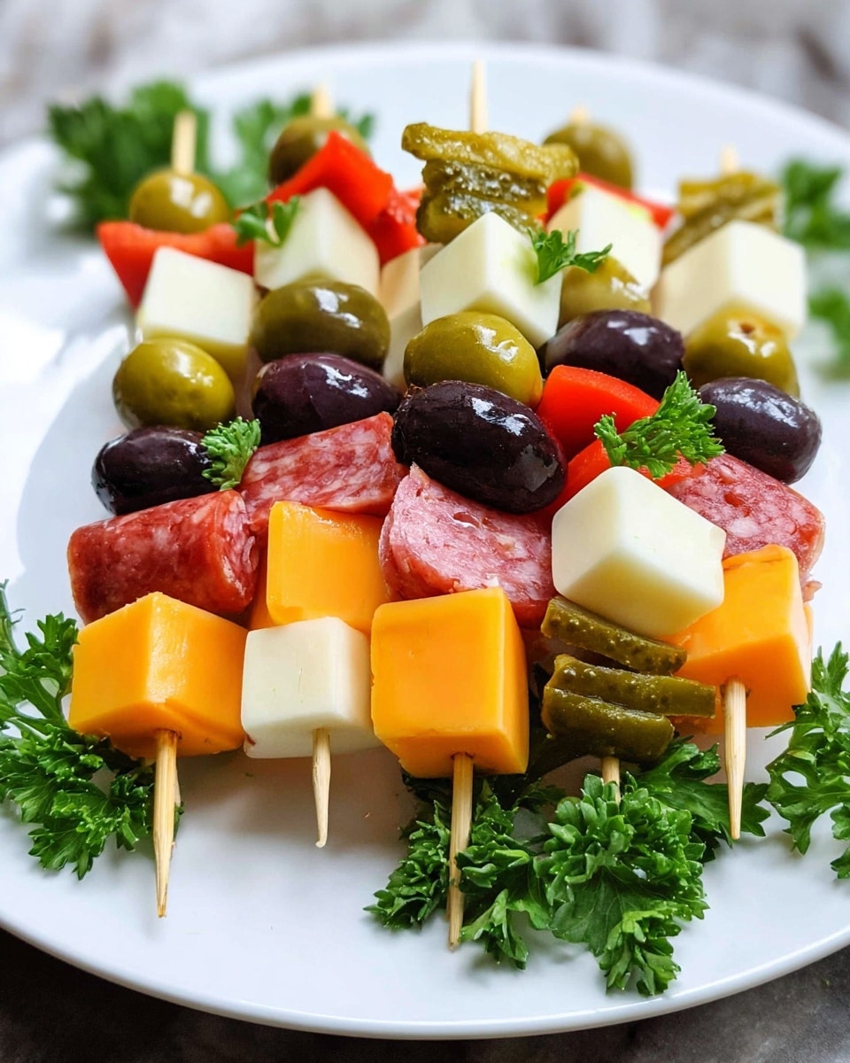 The image shows three charcuterie skewers resting on a white plate with green leafy garnish around them, placed on a white marbled surface. Each skewer is made up of six layers starting from the bottom: a black olive with a smooth texture, a folded slice of red pepperoni with a slightly glossy finish, a cube of pale yellow cheese with a firm texture, a green olive with a shiny, smooth surface, another cube of pale yellow cheese, and topped with an orange cube of cheddar cheese. Between the skewers, there are pieces of rolled salami, folded roasted red peppers, black and green olives, and a quartered pickle, adding variety to the layers and colors. A label with “Charcuterie Skewers” is placed at the top of the image. photo taken with an iphone --ar 4:5 --v 7