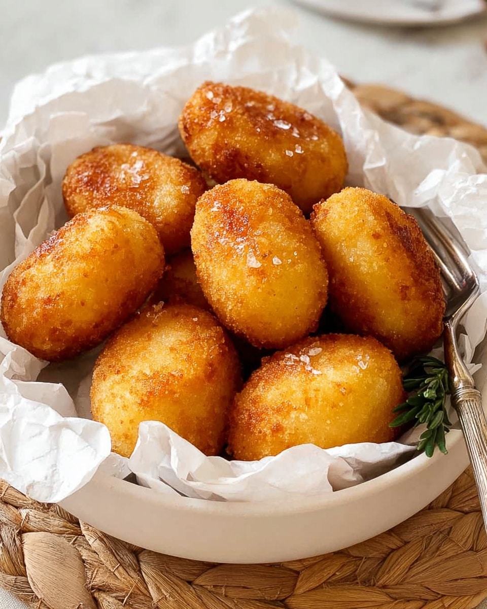 A white bowl lined with crumpled white parchment paper holds nine golden-brown fried potato croquettes. Each croquette is oval or rounded with a crispy, slightly rough texture, showing some shiny crunchy spots from frying. The croquettes are piled in the bowl with a few stacked and overlapping. Coarse salt grains are scattered on the crispy tops. A silver fork with its tines visible rests inside the bowl near the back, and a small green herb sprig peeks out on the right side. The bowl sits on a woven beige placemat over a white marbled textured surface. Photo taken with an iphone --ar 4:5 --v 7