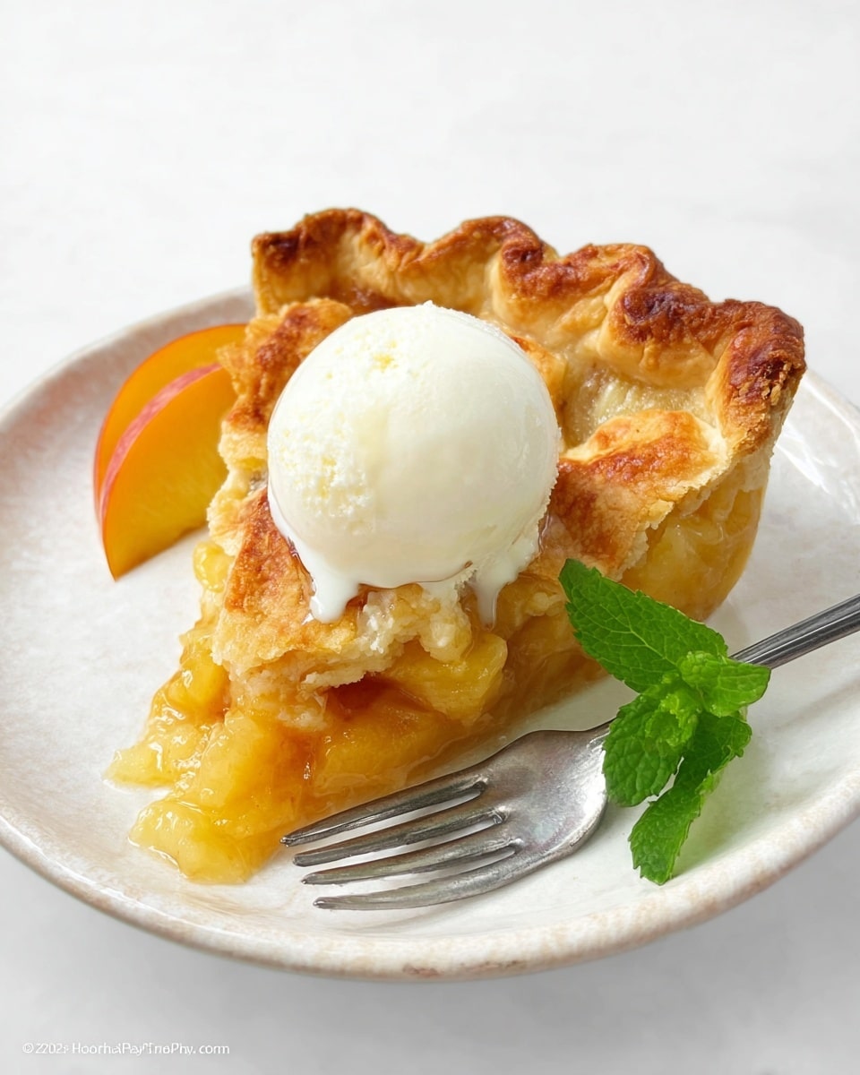 A slice of golden brown peach pie with a thick crust edge is placed on a white plate with a white marbled texture. The pie slice shows a layer of soft, baked peach filling in the middle with a glossy, slightly caramelized surface. On top of the pie is a round scoop of smooth white vanilla ice cream. A peach slice and a small fresh green mint leaf sit beside the pie. A silver fork is resting on the plate near the pie slice. photo taken with an iphone --ar 4:5 --v 7