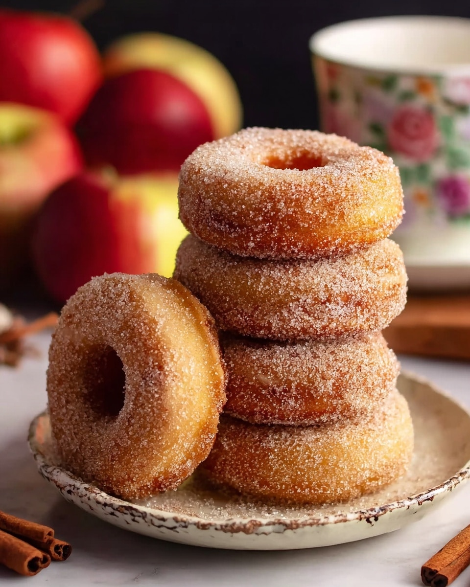 A stack of five round sugar-coated donuts with a rough texture, piled on a white plate with a slightly worn, rustic look. The donuts are golden brown with a thick layer of sugar crystals giving them a grainy surface. Four donuts make the base layer, closely placed, and one donut is balanced on top, all showing their round shape and hole in the middle. In the back, blurred red and yellow apples and cinnamon sticks add a warm, cozy feeling, along with a floral patterned cup partially visible. The whole scene rests on a white marbled surface with soft lighting highlighting the sugar on the donuts. photo taken with an iphone --ar 4:5 --v 7