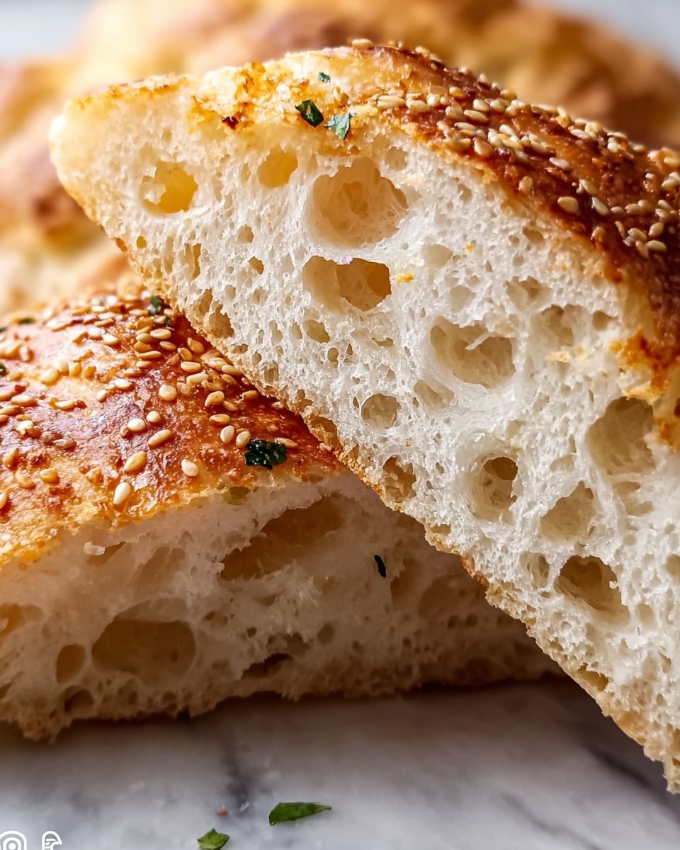 The image shows a close-up of a piece of bread with a golden-brown crust sprinkled with sesame seeds and small green herb bits on top. The bread is torn in half, revealing a soft and airy inside with many irregular holes and a white, fluffy texture. The crust looks slightly crispy and toasted, contrasting with the light, open crumb inside. The bread rests on a white marbled surface, highlighting its warm colors. Photo taken with an iphone --ar 4:5 --v 7