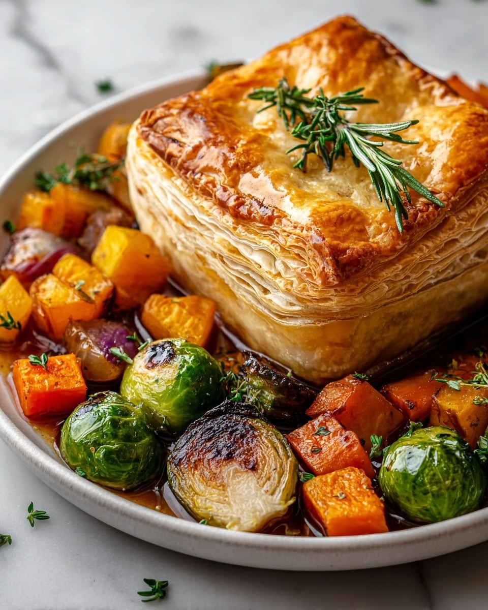 A white plate holds a tall, square-shaped puff pastry pie with many golden, flaky layers visible on its sides, topped with a sprig of fresh green rosemary and thyme. Surrounding the pie are roasted vegetables including bright orange cubes with a slightly caramelized surface, whole green Brussels sprouts—one cut in half showing its pale interior—and darker roasted chunks. Small sprigs of herbs are scattered across the vegetables, all sitting on a glossy sauce. The plate rests on a white marbled surface. photo taken with an iphone --ar 4:5 --v 7