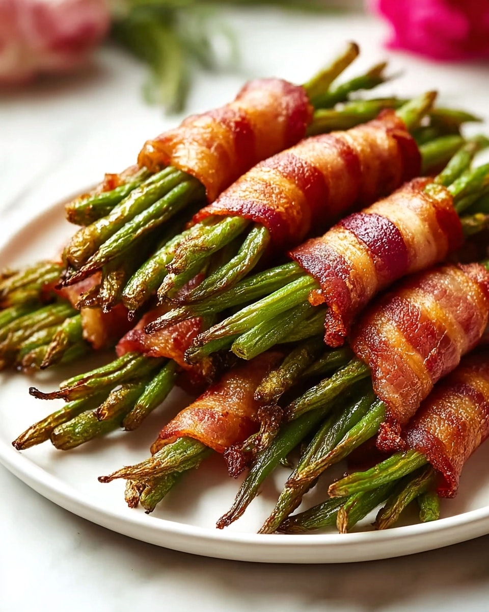 A white plate holds a pile of green beans wrapped tightly with crispy, golden-brown bacon strips, each bundle showing the bright green beans peeking out from both ends. The bacon looks shiny and well-cooked with a slightly caramelized texture, and the green beans appear fresh and slightly charred at the tips. The plate sits on a white marbled surface, and there is a soft blurred background with hints of pink and green colors. photo taken with an iphone --ar 4:5 --v 7