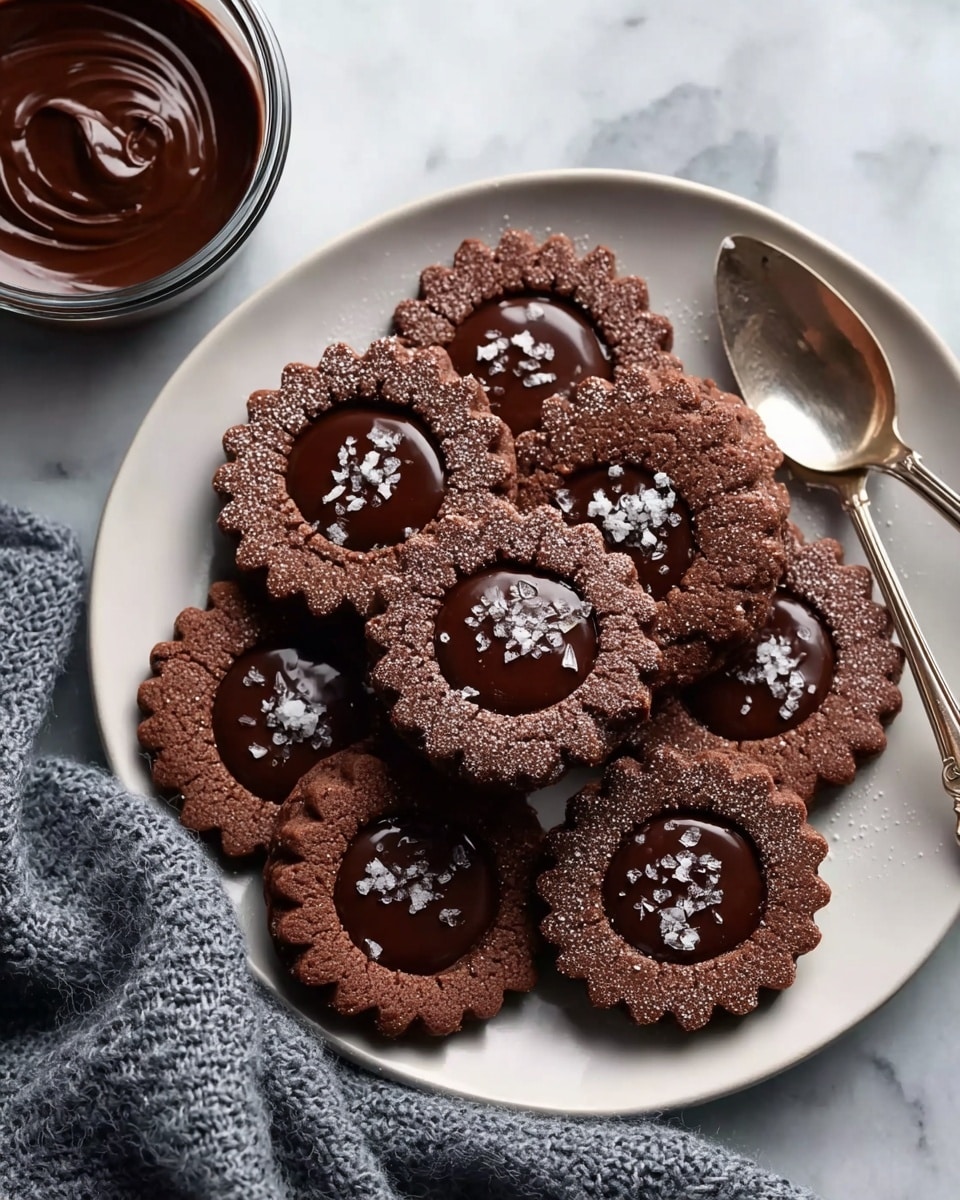 A close-up view shows a stack of two chocolate cookies shaped like flowers with scalloped edges, with a glossy dark chocolate filling sandwiched in the middle layer. The top cookie has coarse sugar crystals sprinkled over its rough, crumbly surface. The stack is placed on a white plate, set on a white marbled textured surface, with a few sugar crystals scattered around. In the background, out-of-focus similar cookies add depth to the image. Photo taken with an iphone --ar 4:5 --v 7