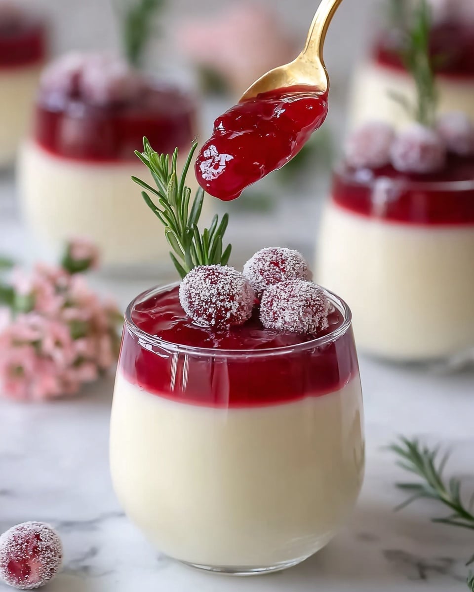 A clear glass filled with two layers: the bottom layer is a smooth, creamy white pudding, and the top layer is a shiny, bright red cranberry sauce. On top of the cranberry sauce, there are three sugar-coated cranberries with a light white powder, and a small green rosemary sprig stands upright next to them. A golden spoon is hovering above the glass, scooping up a thick, glossy portion of cranberry sauce. The glass sits on a white marbled surface, with blurred similar glasses and soft pink flowers in the background. photo taken with an iphone --ar 4:5 --v 7
