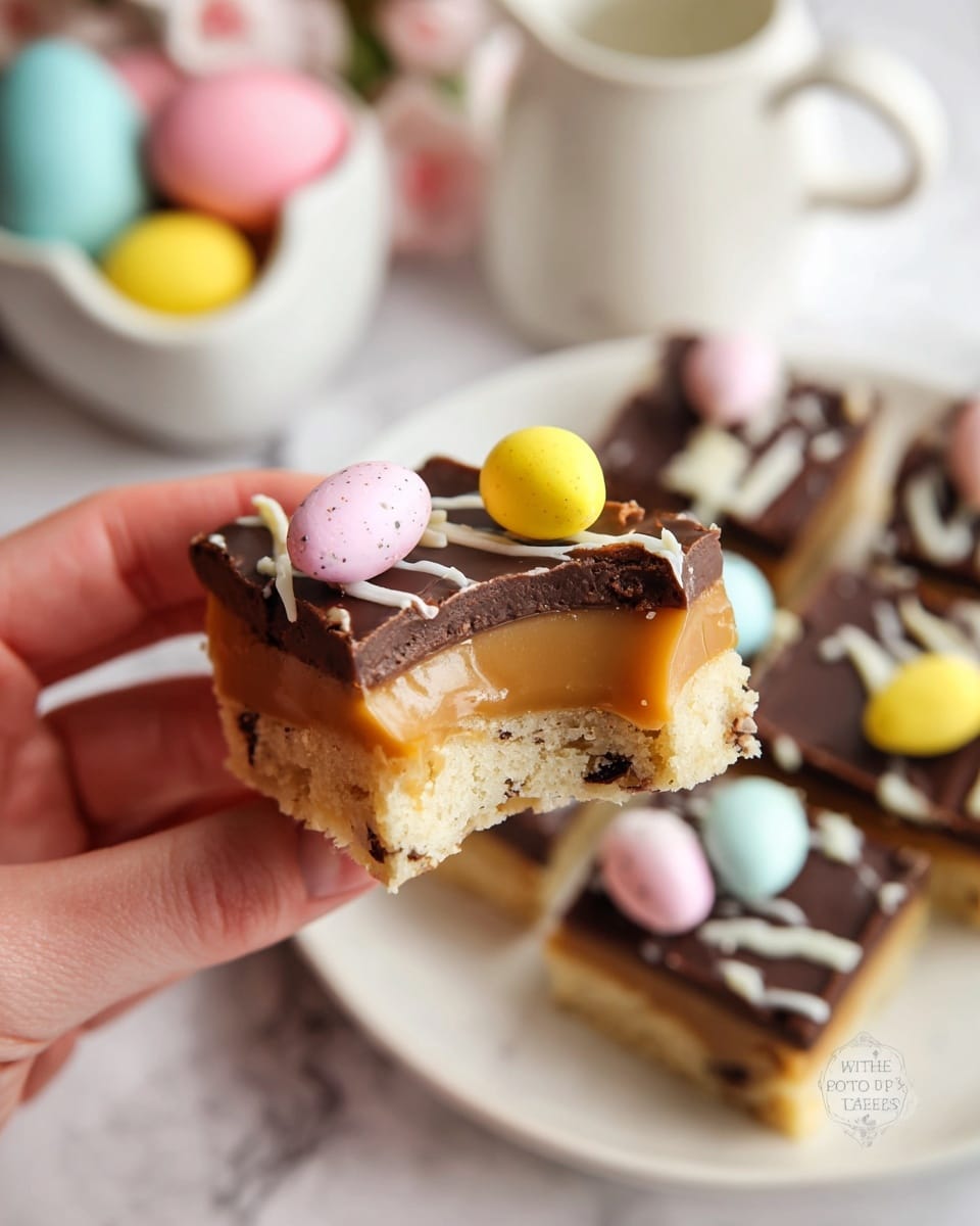 A close-up of a square dessert bar held by a woman's hand shows three distinct layers: the bottom layer is a light beige, crumbly base with small dark specks; the middle layer is a thick, smooth caramel that looks sticky and soft with a bite taken out of the corner; the top layer is a dark, glossy chocolate topped with white drizzle and decorated with small pastel candy eggs in pink, yellow, and light blue colors scattered on top. In the background, more similar bars are laid out on a white marbled surface along with pastel-colored eggs and a white creamer jug. photo taken with an iphone --ar 4:5 --v 7