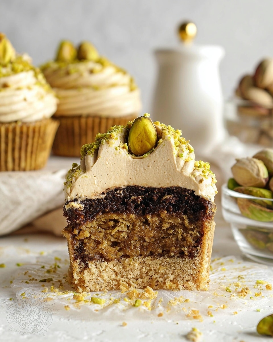 The image shows a close-up of a cupcake cut in half, placed on a white marbled texture. The cupcake has three visible layers: the bottom crumbly crust is light brown and rough, the middle layer is a dense, moist dark brown filling with a bit of shine, and the top layer is a thick, creamy, pale beige frosting with a smooth, slightly whipped texture. The frosting is sprinkled with crushed yellow-green pistachio crumbs and topped with two whole pistachios. In the background, there are whole cupcakes similarly decorated, a white ceramic jar with a gold knob, and a glass bowl of pistachios. photo taken with an iphone --ar 4:5 --v 7