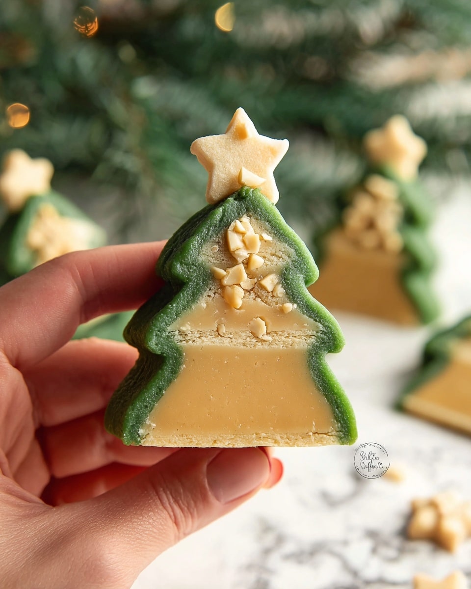 A woman's hand gently holds a Christmas tree-shaped sweet treat, cut to show three layers: a thick, smooth, light tan inner core; a bright green outer layer shaped like tree branches with a slightly rough texture and tiny almond slivers embedded; and a small star-shaped cookie in light yellow sitting on top. The background features blurred green pine branches and similar treats, all on a white marbled surface. photo taken with an iphone --ar 4:5 --v 7