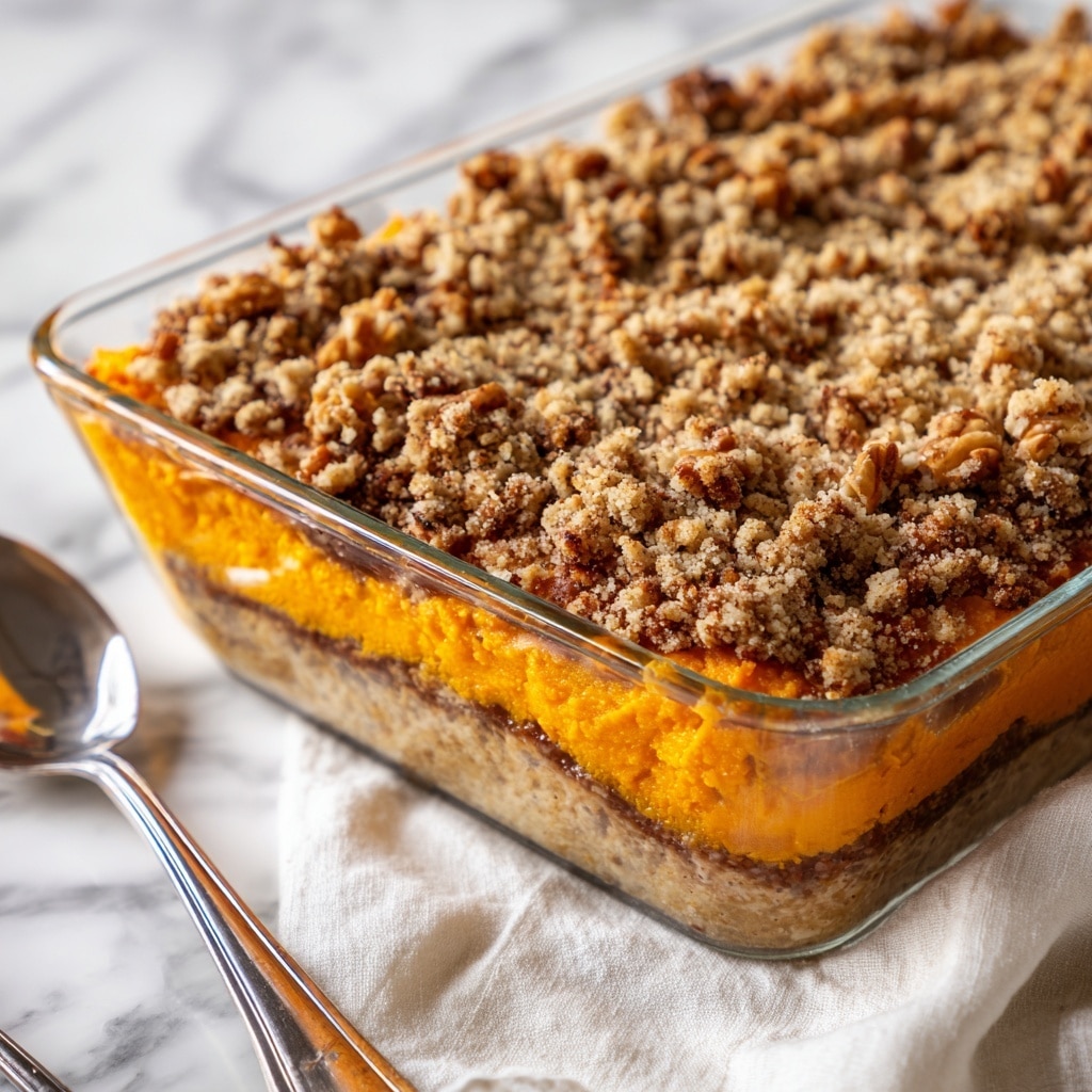 A clear glass baking dish with three visible layers: the bottom layer is a smooth, bright orange sweet potato mash, topped with scattered dark brown pecans, and covered by a crumbly, light brown streusel crust with small clumps. Part of the dish is scooped out, showing the layers clearly. Next to it, a white plate holds a serving with the same three layers in a rough mound. The scene is set on a light beige cloth with a white marbled textured surface underneath. Photo taken with an iphone --ar 4:5 --v 7