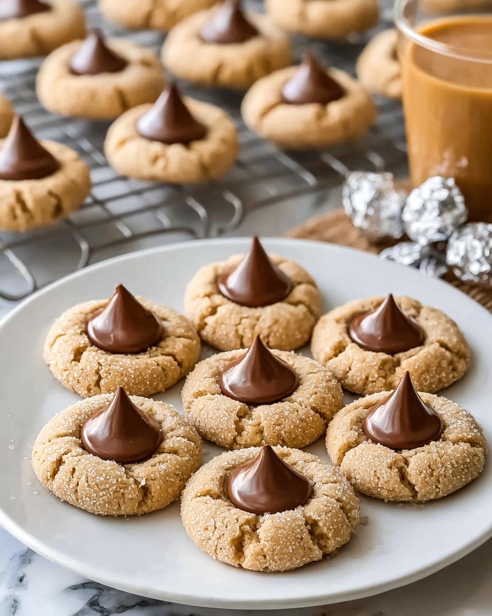 A white plate holds seven peanut butter cookies, each topped with a shiny, smooth, dark brown chocolate kiss in the center. The cookies are light golden with a cracked texture and a sugar-coated surface that looks slightly grainy. In the background, more cookies with chocolate kisses rest on a metal cooling rack. Wrapped silver and unwrapped chocolate kisses are scattered near the plate, with part of a cup filled with a caramel-colored drink visible to the right. The scene is set on a white marbled surface. photo taken with an iphone --ar 4:5 --v 7