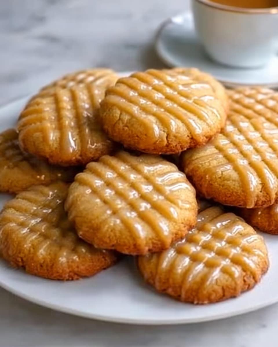 The image shows a white round plate filled with golden-brown cookies that have a crisscross pattern on top. Each cookie is shiny, indicating a light glaze, and they are stacked closely together on the plate. The cookies have a smooth and slightly ridged texture with a uniform round shape. The background features a white marbled surface with a blurred white cup and saucer in the back, adding a cozy kitchen feel. Photo taken with an iphone --ar 4:5 --v 7