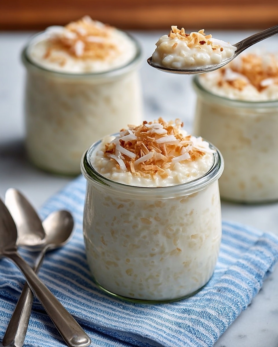The image shows three small clear glass jars filled with creamy white rice pudding, each jar has a slightly textured surface from the rice grains. The pudding is topped with a layer of toasted golden brown coconut flakes and white shredded coconut, adding texture and color contrast on top. The jar in front sits on a light blue and white striped fabric, with two silver spoons resting beside it on a white marbled surface. A silver spoon lifts a scoop of pudding with toppings above the front jar, showing the creamy and slightly grainy texture clearly. The background has a soft focus with the other jars and wood tone blurred. photo taken with an iphone --ar 4:5 --v 7