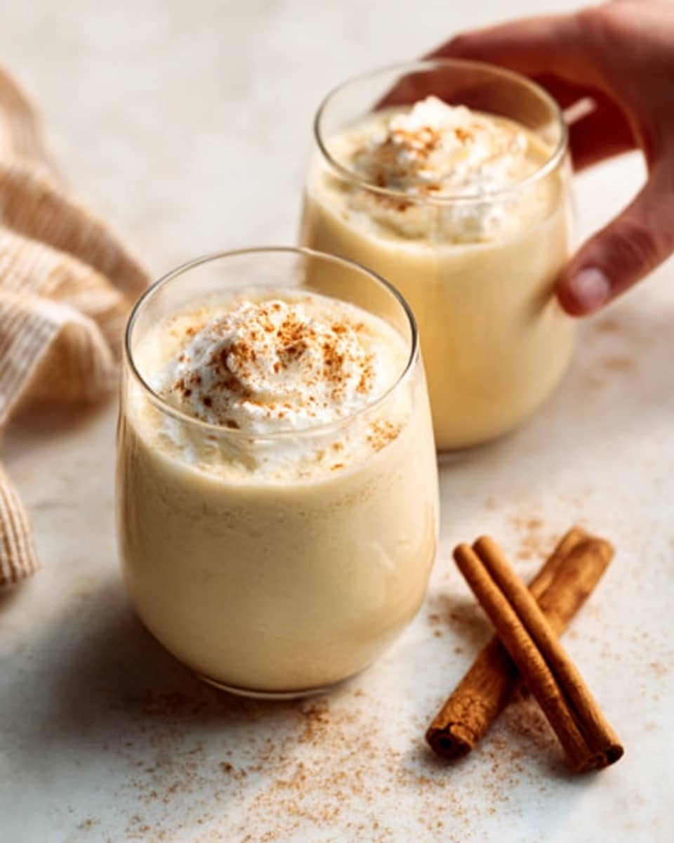 The image shows two clear glasses filled with a creamy beige-colored drink topped with whipped cream and a sprinkle of light brown spice. The glasses have a smooth, frothy layer on top and the drink inside looks thick and cold. Next to the glasses, there are two sticks of cinnamon lying on a white marbled surface, adding a warm, cozy feel. Both glasses are placed close together, and a woman's hand is gently holding one of the glasses. The overall look is soft and inviting with natural light highlighting the texture of the drink. photo taken with an iphone --ar 4:5 --v 7