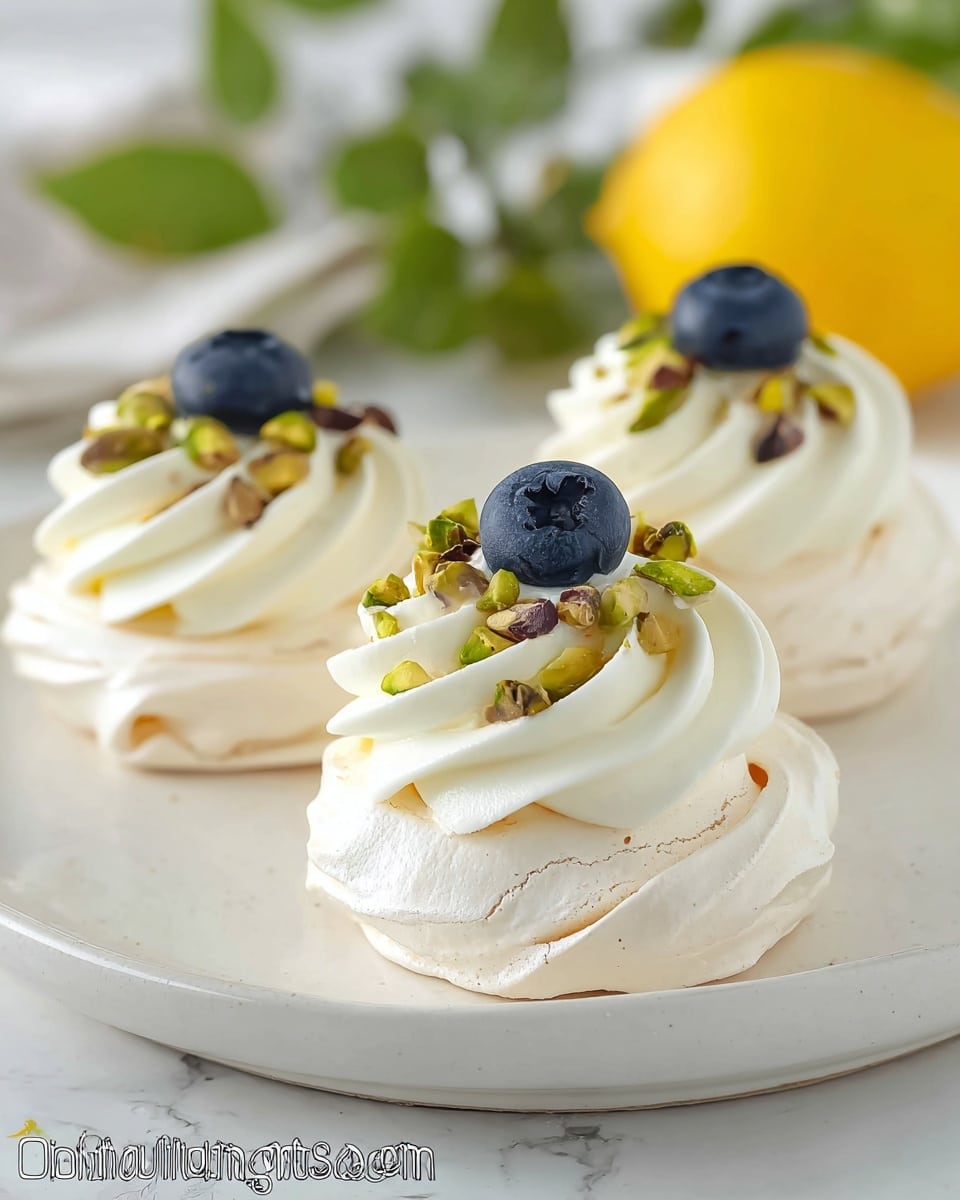 Three small pavlovas are placed on a round white plate with a smooth texture, all arranged in a triangular formation. Each pavlova has two visible layers: the bottom layer is a light, airy, and slightly cracked meringue with a creamy off-white color, shaped in a neat swirl with soft peaks around the edges. The top layer holds a smooth swirl of white cream, piped in a circular motion, crowned with a single dark blue blueberry in the center. Around the blueberry, small pieces of chopped green and brown pistachios are scattered, adding texture and color contrast. The background shows a blurred yellow lemon and green leaves on a white marbled surface. photo taken with an iphone --ar 4:5 --v 7