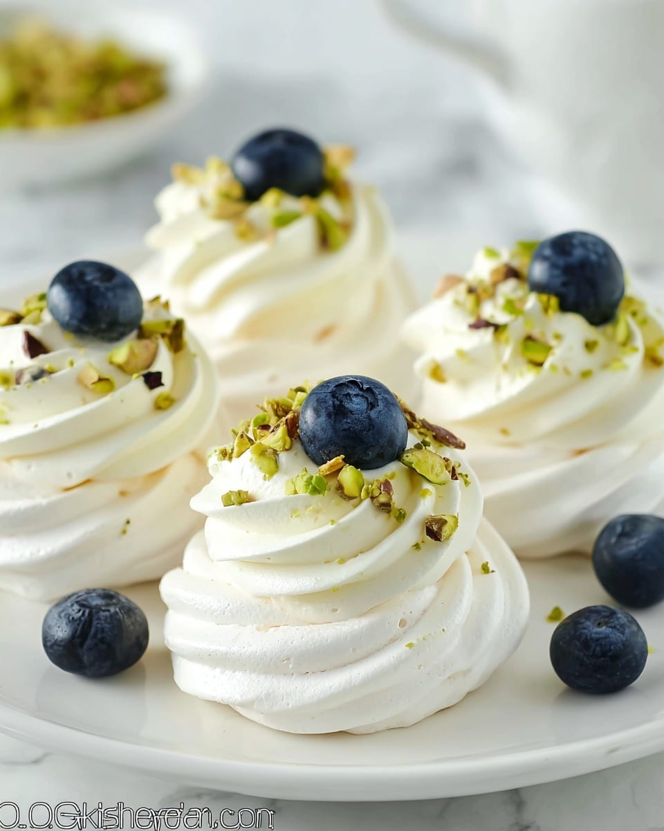 The image shows four small meringue nests on a white plate placed on a white marbled surface. Each nest has two main layers: a base layer of white, smooth, and airy meringue shaped in a round, swirled form, and a top layer of white whipped cream with a soft texture, piped in a circular motion. The cream is sprinkled with small, chopped green pistachio pieces and topped with one plump, dark blue blueberry at the center of each nest. Additional loose blueberries are scattered around the plate, adding a pop of color to the clean, light presentation. Photo taken with an iphone --ar 4:5 --v 7