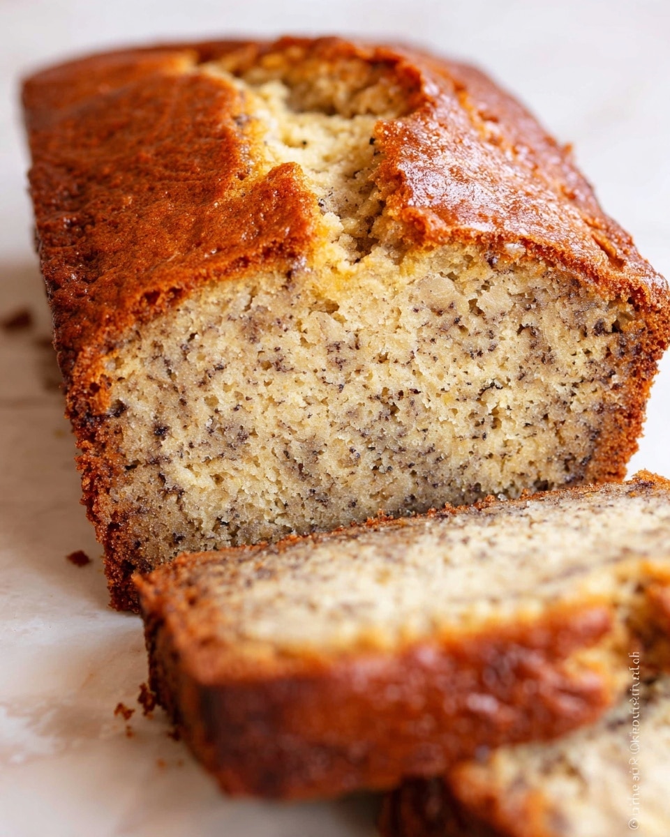 A close-up view of a loaf of banana bread with one slice cut and placed in front. The bread has one thick outer crust layer that is golden brown and slightly cracked on top. Inside, there is a soft, moist and textured light beige inner layer with visible small darker brown specks of banana throughout. The slice reveals the same two main layers, showing a dense crumb. The bread is resting on a white marbled textured surface. photo taken with an iphone --ar 4:5 --v 7